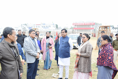 Mayor of Agartala Municipal Corporation (AMC) Dipak Majumdar reviews preparation of first Swadeshi Fair at Swami Vivekananda Maidan in Agartala on December 29.